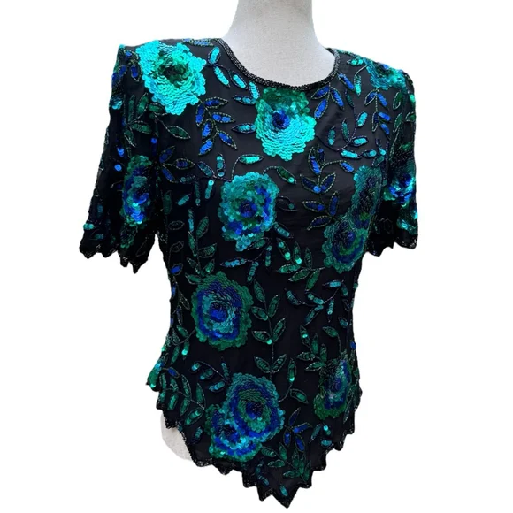 Laurence Kazar Vintage Sequin Silk Beaded Top Medium Floral Glam 80s 90s Party - Picture 12 of 15